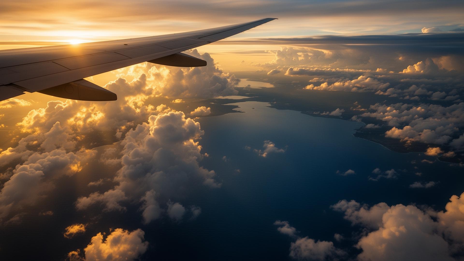 Transatlantic flight at golden hour